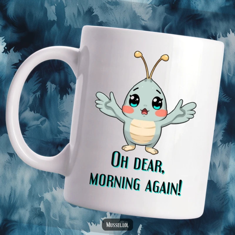 Funny mussel mug with arms wide open in surprise, a comical shellfish character expressing shock and disbelief, perfect for coffee lovers.