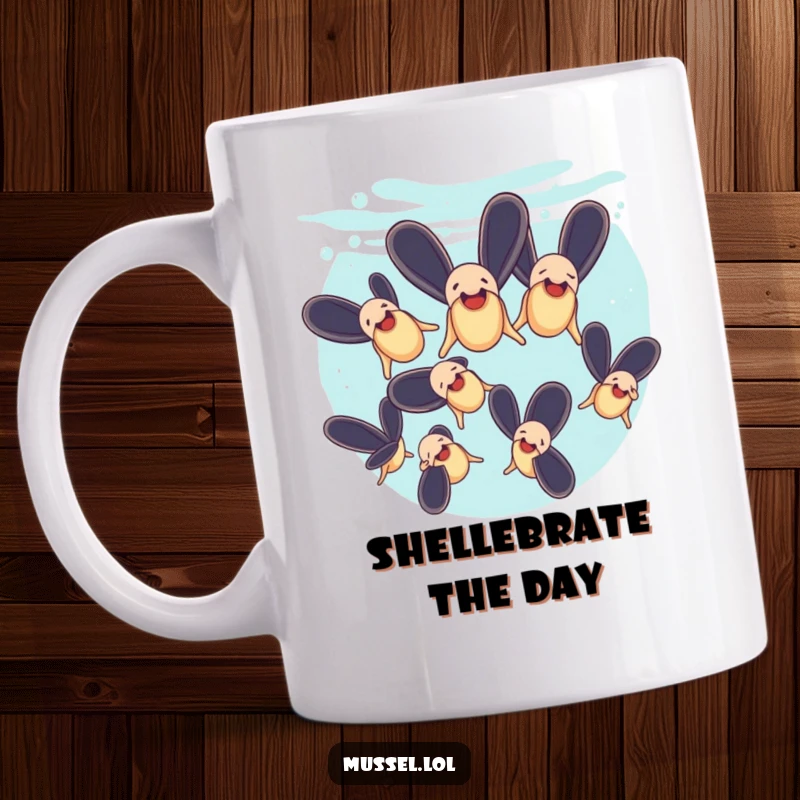 Funny mug depicting a group of mussels performing a synchronized swimming routine underwater with grace and humor.