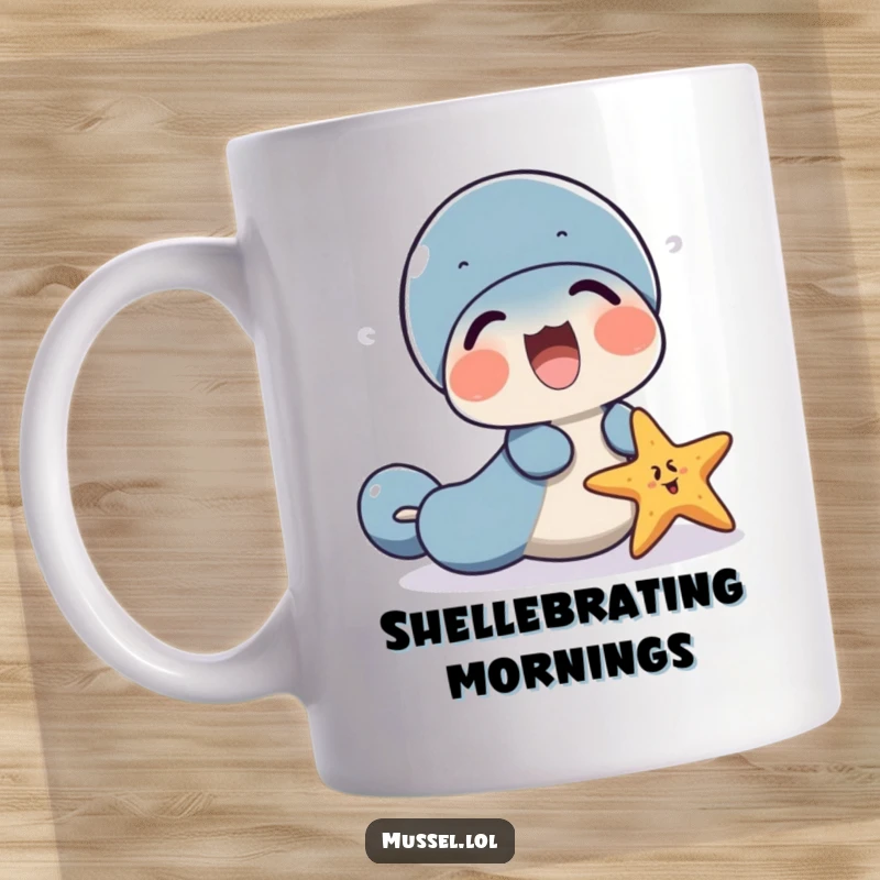 Funny mussel character sharing a laugh with a small starfish, depicting friendship.