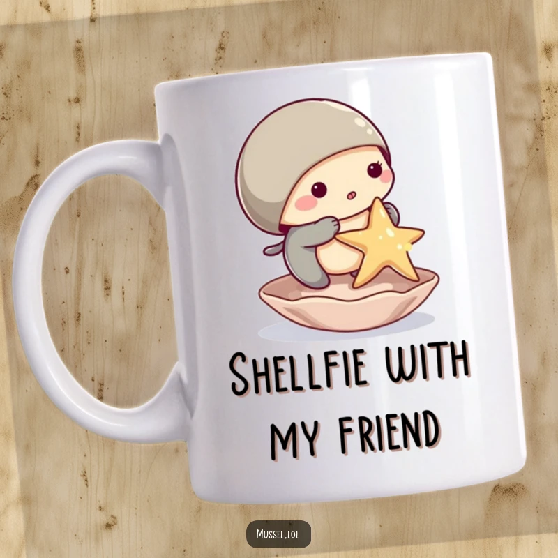 Funny mussel mug featuring a determined mussel character precariously balancing a tiny starfish on its shell, expressing playful silliness.