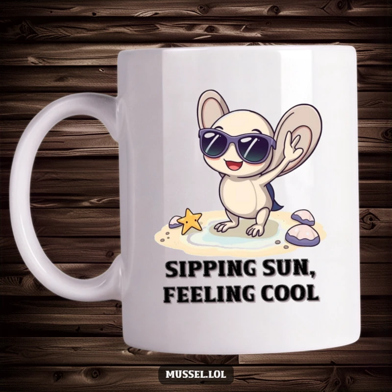Funny mussel mug featuring sunglasses and striking a cool pose by a tiny beach, perfect for summer and as a funny gift.