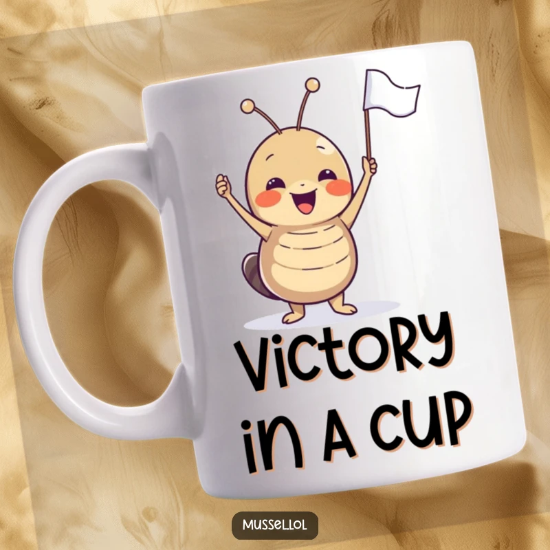 Funny joyful mussel character excitedly waving a tiny flag, a symbol of pure happiness and celebration mug.