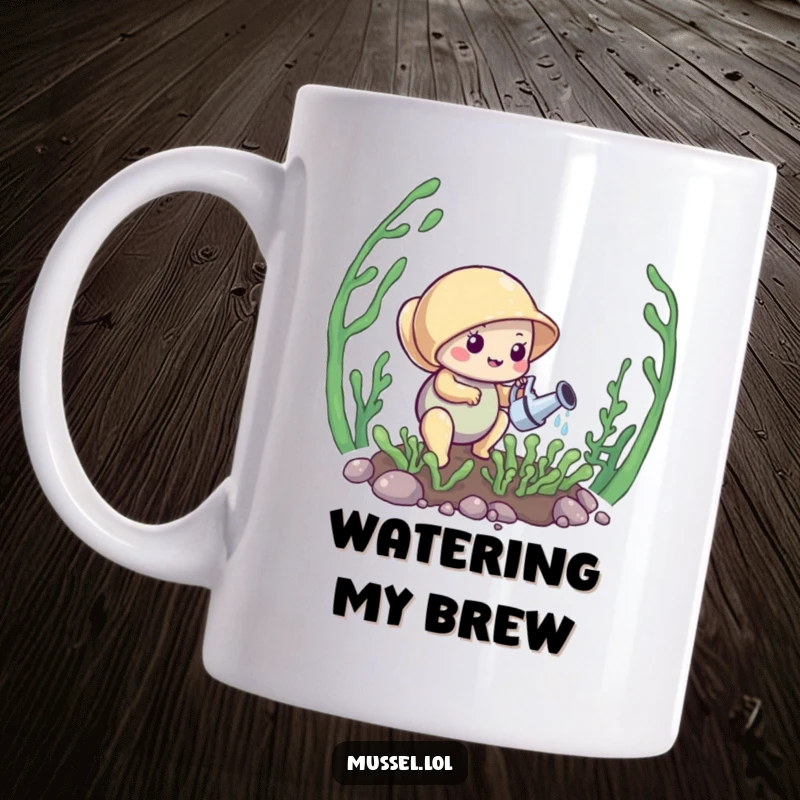 Funny Mussel Mug: A mussel with a tiny watering can lovingly tends to a miniature kelp garden, showcasing gentle care.