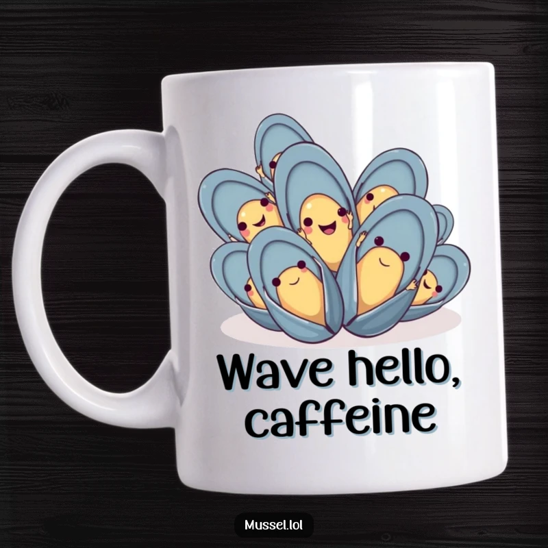 Funny mussel mug featuring a group of happy mussels waving with tiny hands, radiating joy and friendliness.