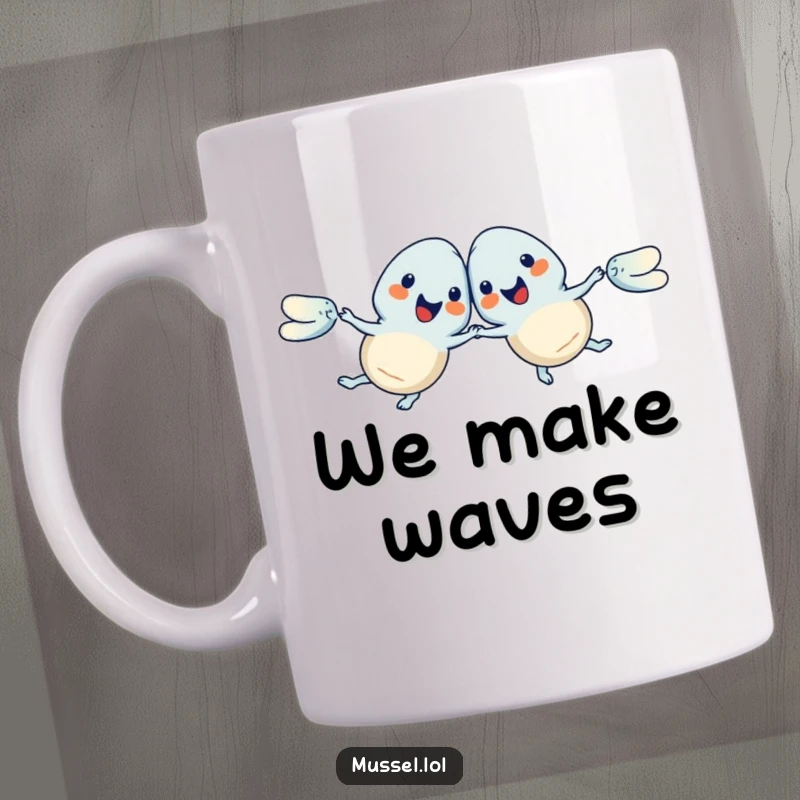 Funny Mussels Mug with two mussels in synchronized swimming poses, looking graceful yet hilarious, a perfect funny gift.