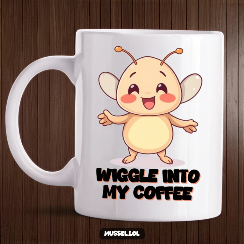 Funny Kawaii Mussel Mug: A cute mussel character performs a joyful wiggle dance, radiating happiness and charm.