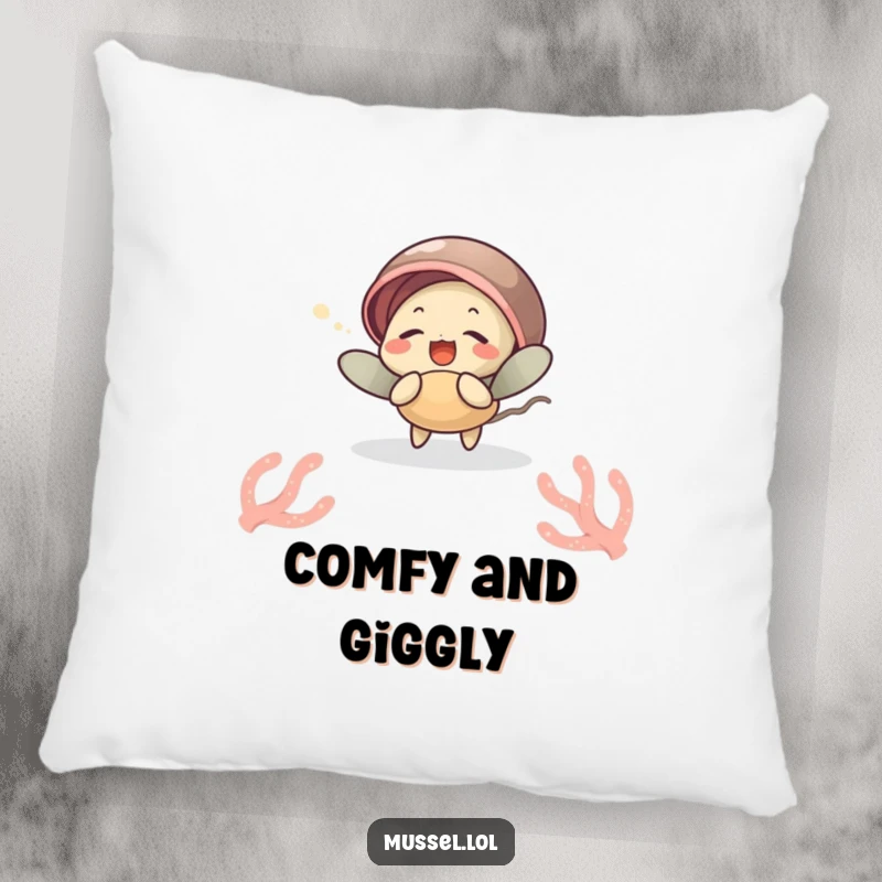 Funny pillow featuring a mussel character giggling while tickled by a sea anemone, offering soft comfort and ocean-themed humor, a funny gift.