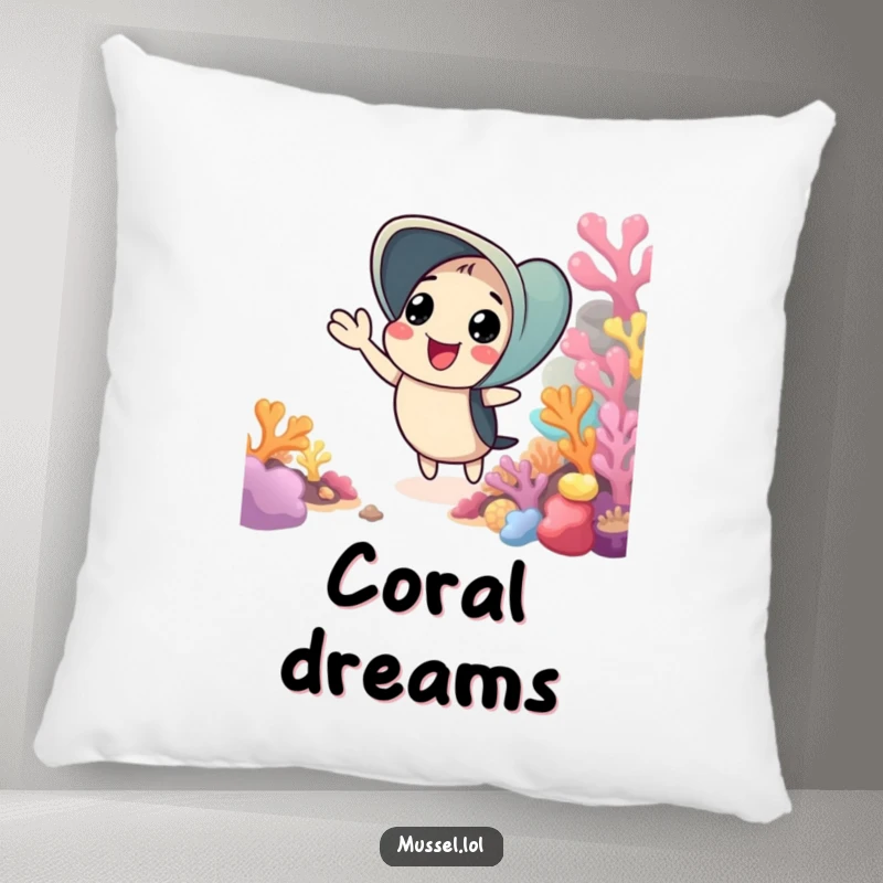 Funny pillow featuring a mussel cheerfully waving from a colorful coral reef, offering comfort and a friendly vibe.