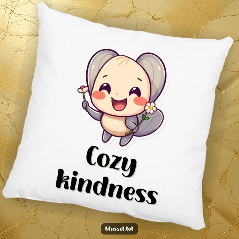 Funny pillow with a smiling mussel character offering a tiny flower, perfect for cozying up with cheer.