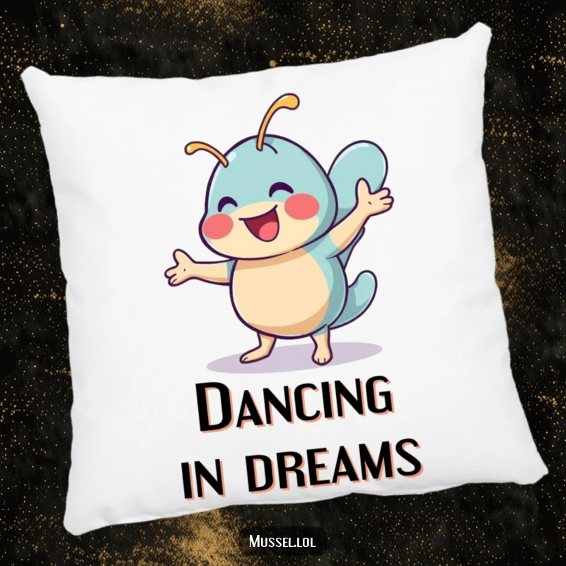 Funny decorative pillow with a cheerful mussel character doing a lively shimmy dance, offering comfort and joyful, energetic humor.