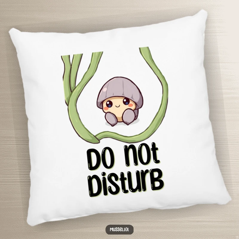 Funny pillow featuring a shy mussel character peeking from under a seaweed frond, offering gentle comfort.