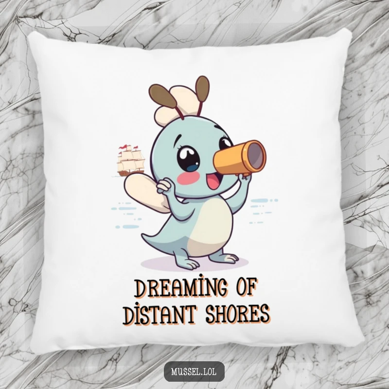 Funny Mussel Pillow: A cute mussel with a spyglass rests, ready for nautical dreams, perfect for adding humor to a couch.