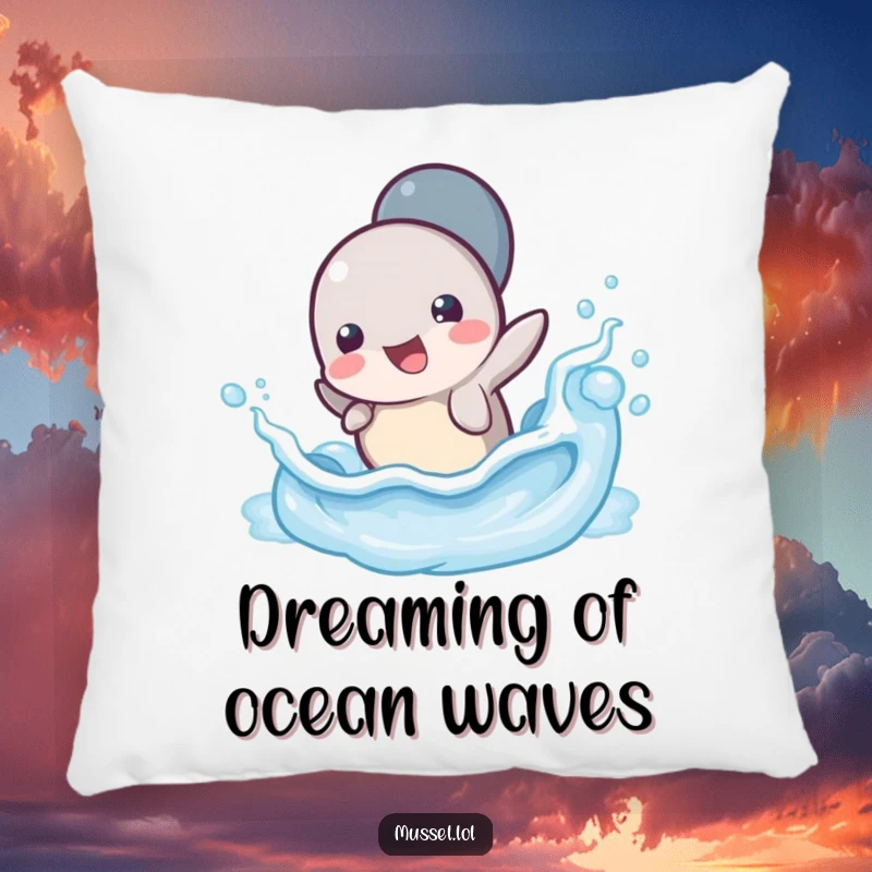 Funny Mussel Wave Splash Pillow: A plush pillow depicting a mussel character splashing playfully in a tiny ocean wave, ideal for cozying up.