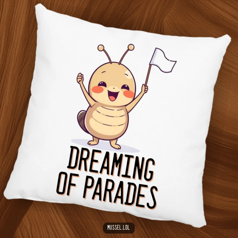 Funny joyful mussel character excitedly waving a tiny flag, a soft and humorous pillow.