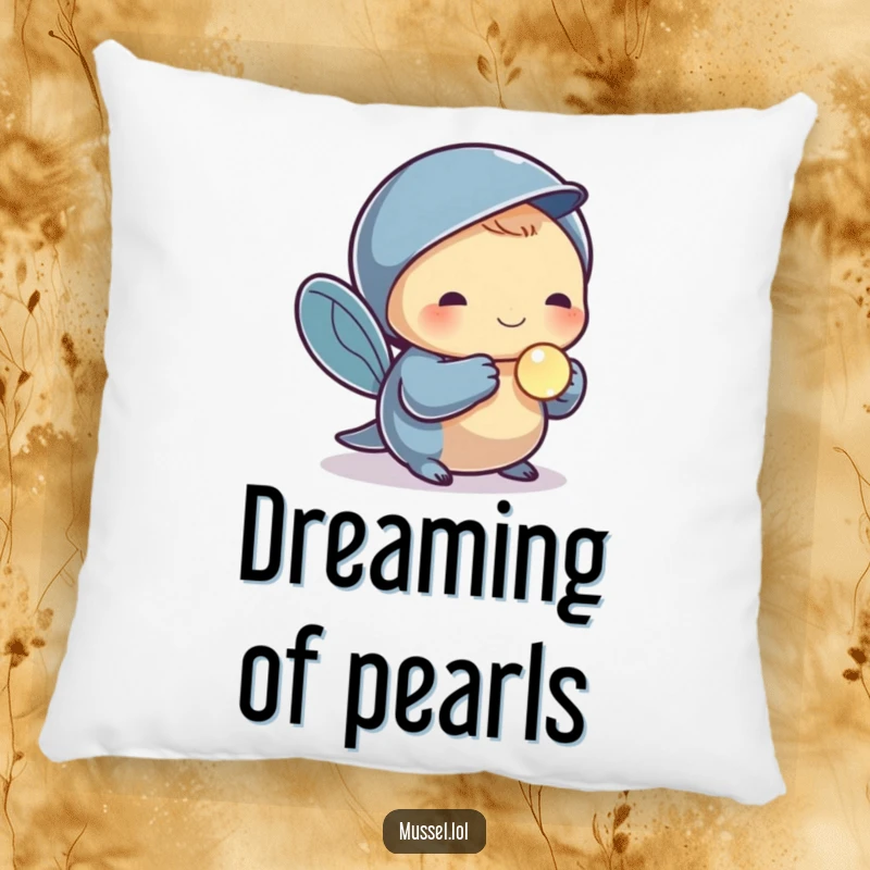 Funny decorative pillow with a mussel character holding a small, shiny pearl, offering comfort and elegant, treasure-themed humor.