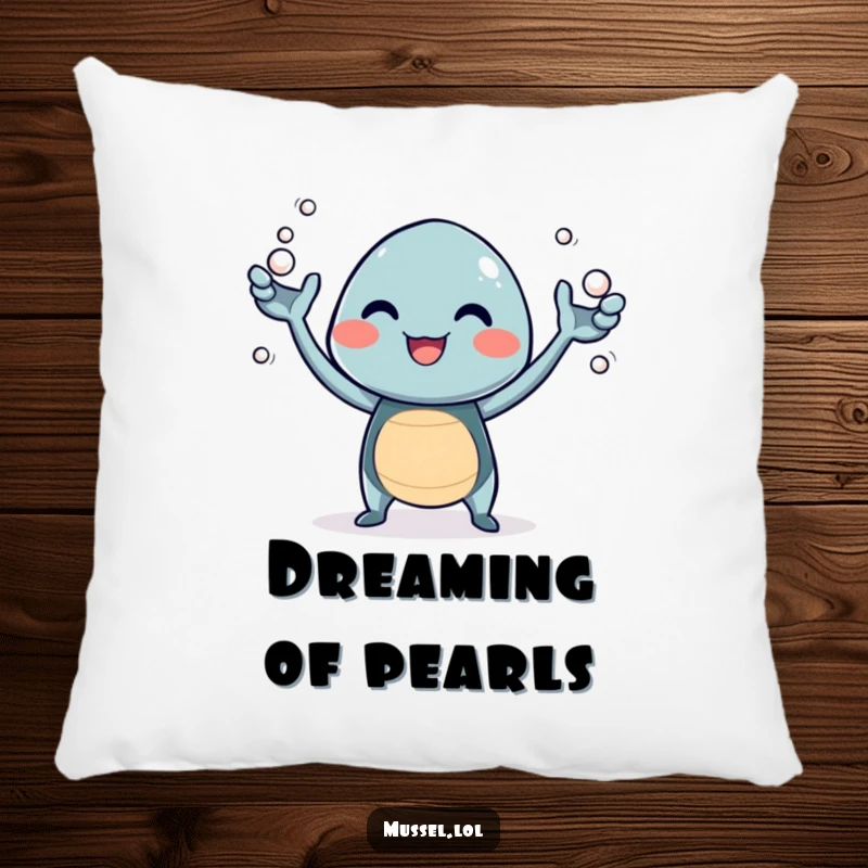 Funny pillow featuring a giggling mussel character juggling tiny pearls with its arms, offering comfort and whimsy.