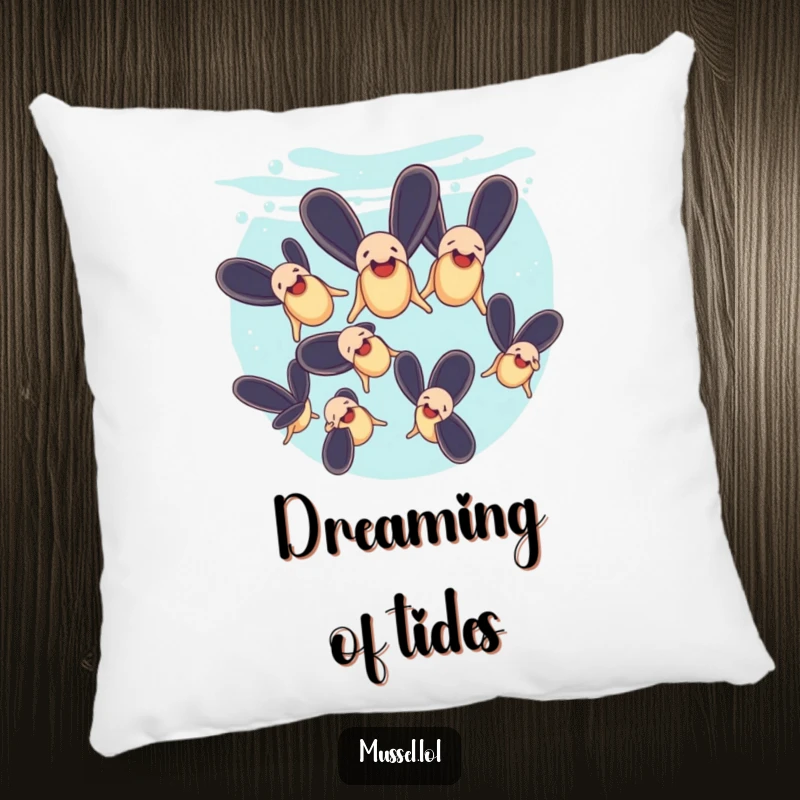 Funny pillow with mussels performing a synchronized swimming routine underwater, perfect for a cozy touch.