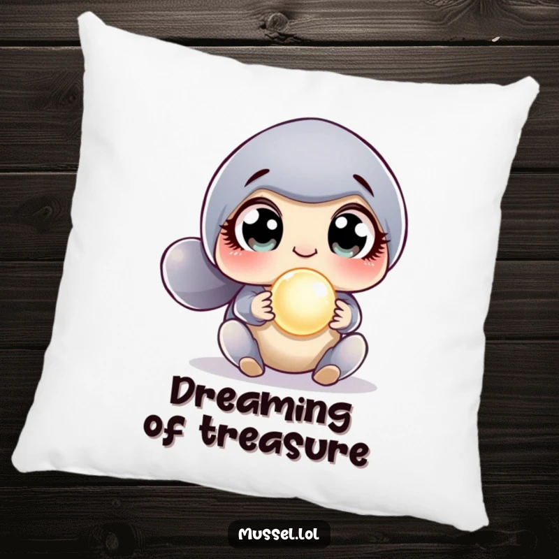 Funny Surprised Mussel Pillow showing a mussel's comically wide-eyed amazement at discovering a sparkling pearl, offering soft, humorous comfort.