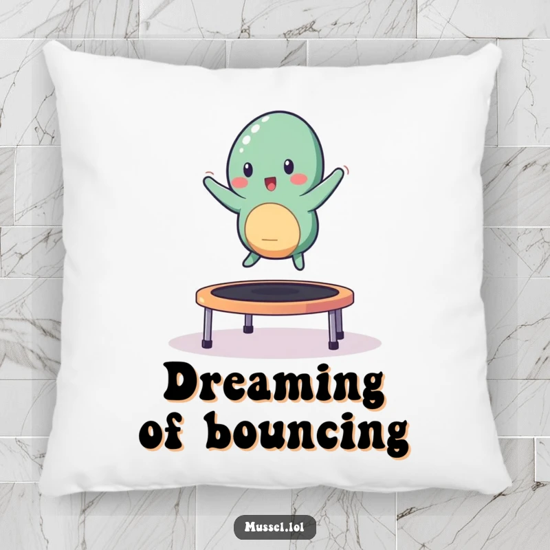 Funny mussel character happily bouncing on a trampoline on a soft pillow.