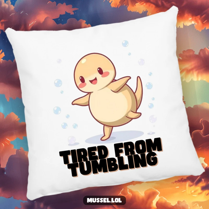 Funny Mussel Pillow: A cute mussel executing a cartwheel amidst a cascade of small, sparkling bubbles, offering cozy, humorous seaside vibes.