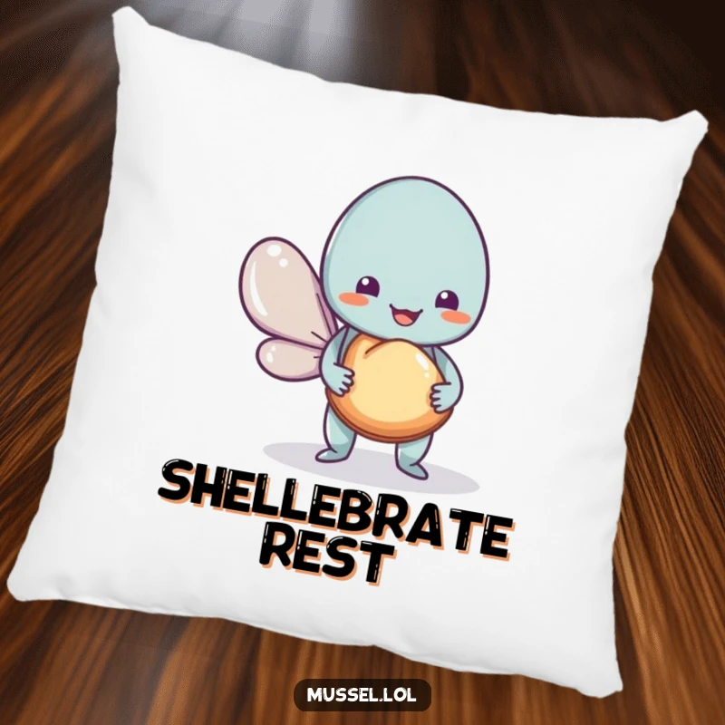 Funny Mussel Pillow featuring a cute mussel offering a shell, providing comfort and humorous decor, great for gifts.