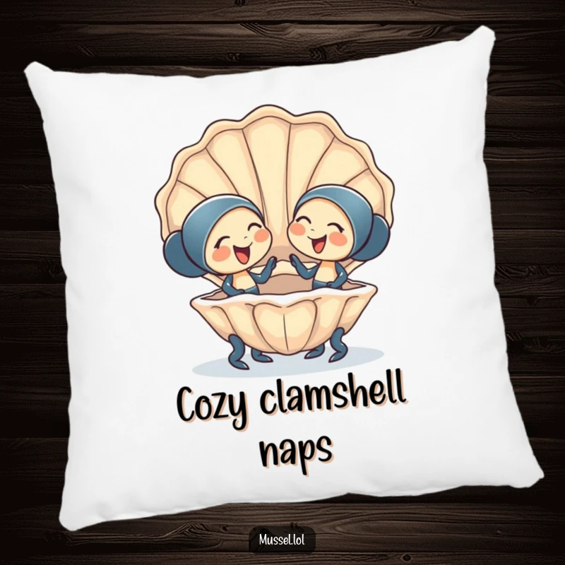 Funny Pillow: Two happy mussel characters giggling in a giant clam shell, offering cozy friendship humor and comfort.