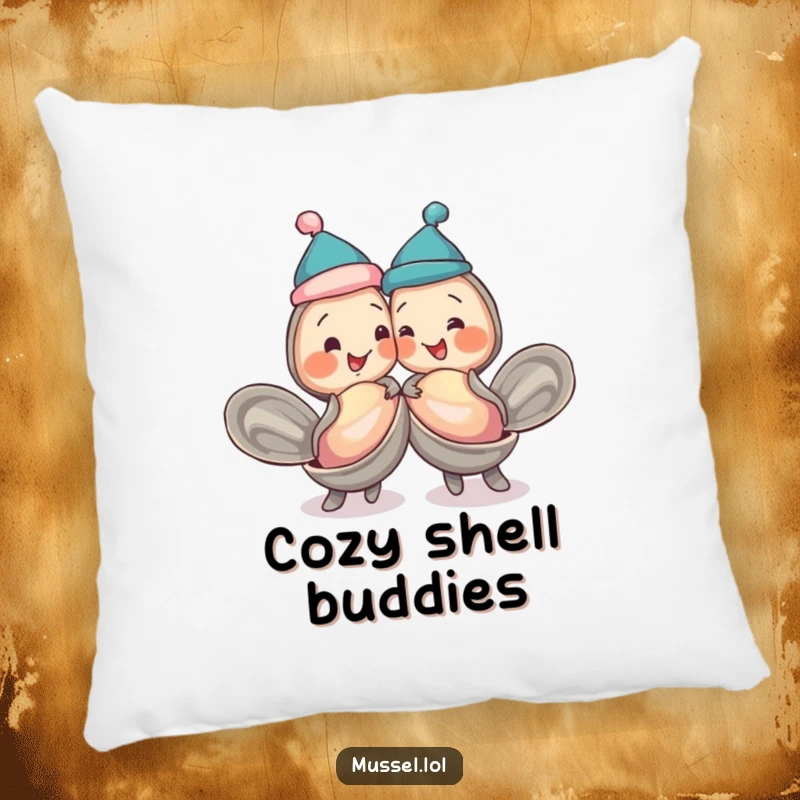 Soft pillow featuring funny mussels in jaunty caps, playfully bumping shells, adds cozy humor to any space.
