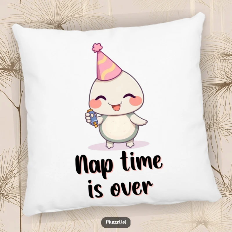 Funny Mussel Pillow showcasing a mussel character in a party hat with a noisemaker, bringing instant festive cheer and comfort, a delightful funny gift.