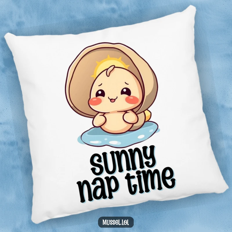 Funny pillow featuring a content mussel character basking in the sunlight on its shell, a soft and humorous decorative item.