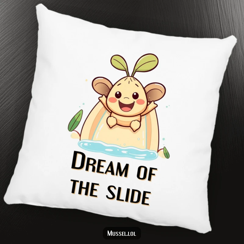 Funny mussel character with a large smile sliding down a water slide, a soft and humorous pillow.