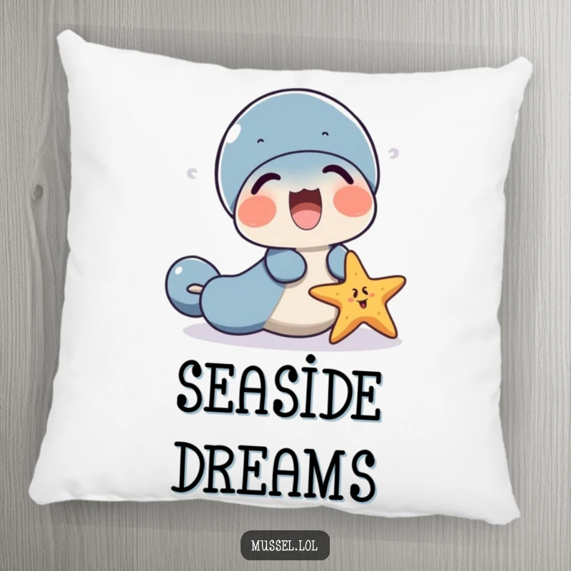 Funny mussel character and a starfish pillow, sharing a laugh, soft and cuddly.
