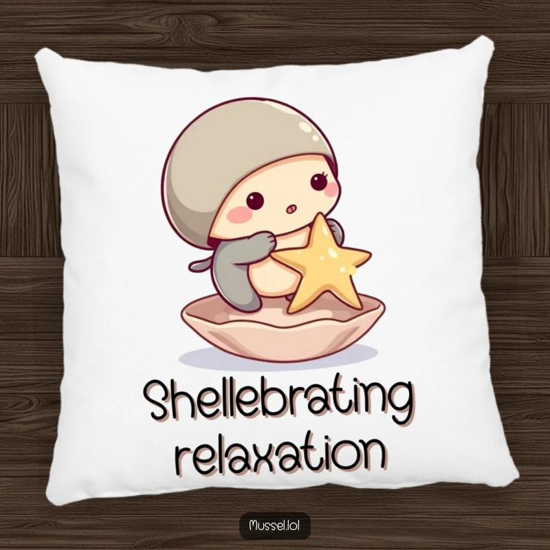 Funny mussel pillow displaying a cute mussel character trying to keep a starfish balanced on its shell, a symbol of amusing challenges.
