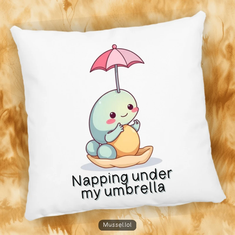 Funny Mussel Umbrella Pillow: A plush pillow featuring a funny mussel character balancing a small umbrella, perfect for adding snuggle-worthy humor.
