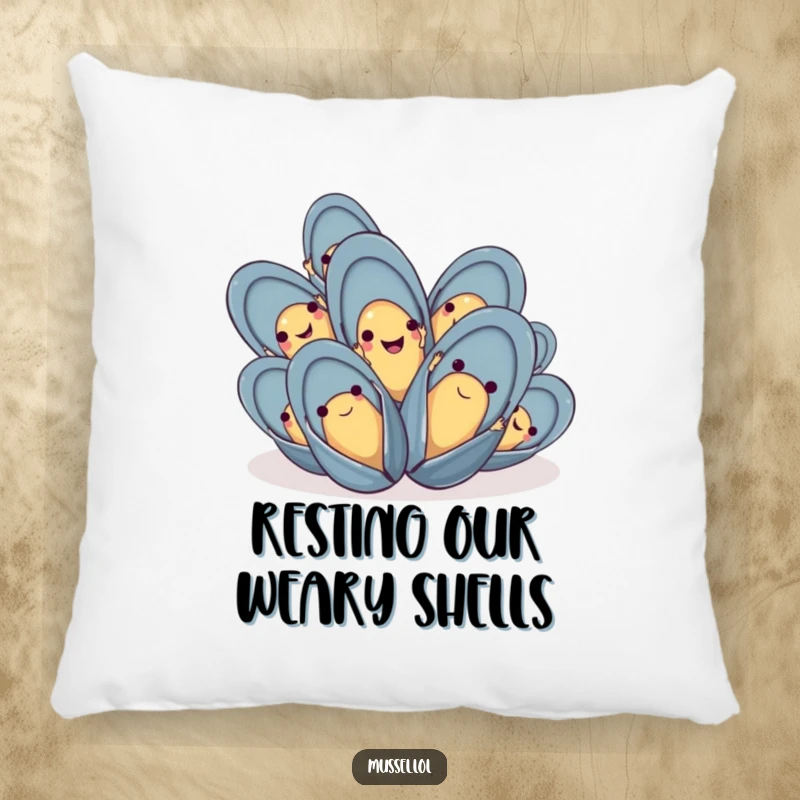 Funny mussel pillow featuring a group of happy mussels waving their tiny hands, offering comfort and cheer.