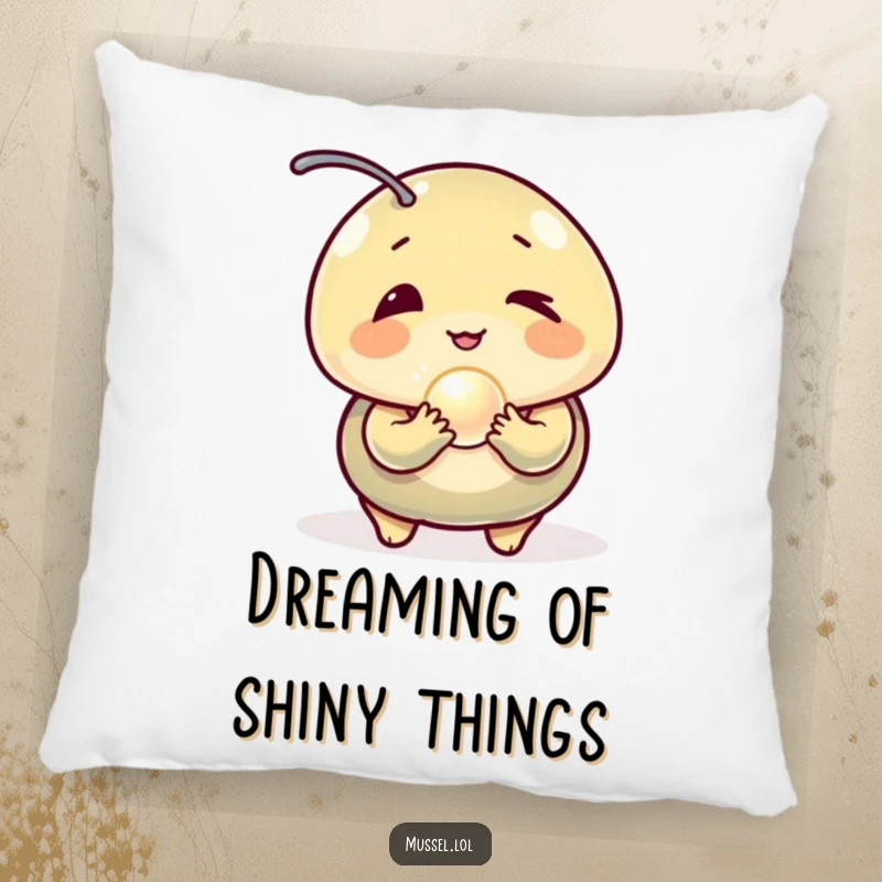 Funny Mussel Pillow: A soft pillow featuring a winking mussel holding a glowing pearl, offering comfort and a humorous vibe.