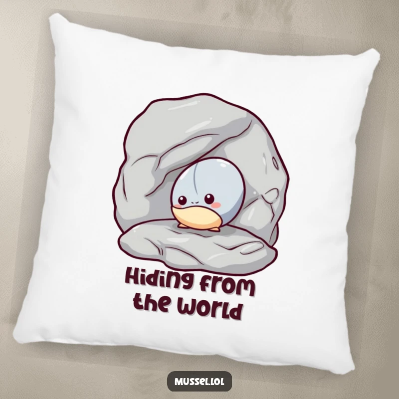 Funny Mussel Comfort Pillow: A shy mussel peeking out from behind a rock, offering humorous comfort and a cute design.