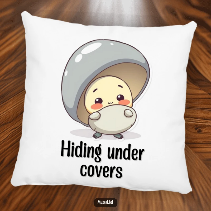 Funny shy mussel character peeking from behind a larger mussel, designed for a humorous and comfortable pillow.