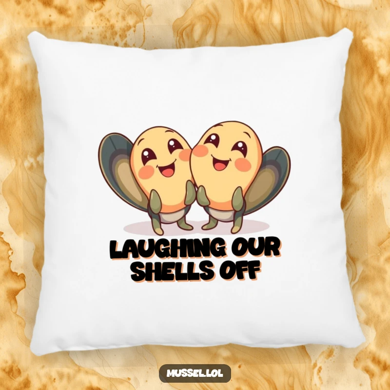 Funny mussel pillow featuring two mussels giggling with wide, joyful eyes, offering comfort and shared laughter.