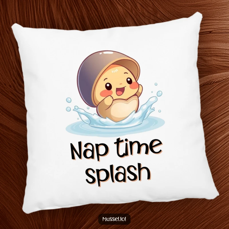 Funny pillow featuring a joyful mussel character splashing water from its open shell, a soft and humorous decorative item.