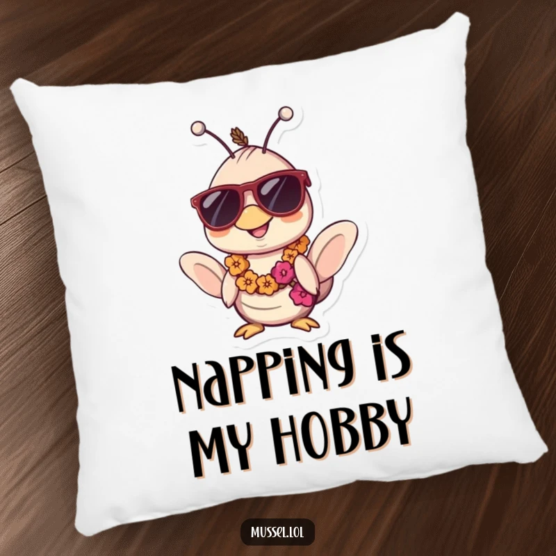 Funny Kawaii Mussel Pillow: A soft pillow with a mussel character looking cool in sunglasses and a lei, bringing tropical humor and comfort.