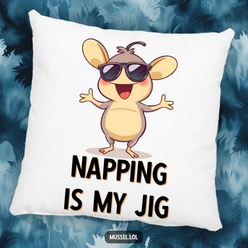 Funny pillow with an excited mussel in sunglasses dancing a jig, offering a soft, humorous, and festive decorative accent.