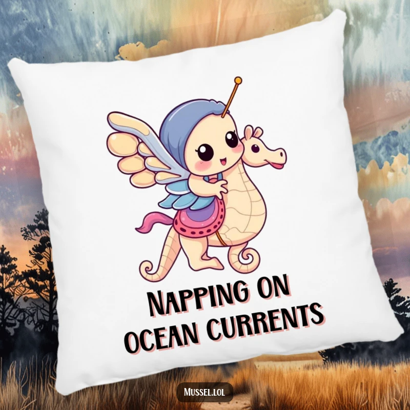 Funny Mussel Pillow: A mussel enjoys a whimsical seahorse carousel ride, perfect for adding comfort and humor to any space.