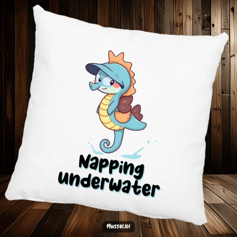 Funny Giggling Mussel Pillow depicting a mussel laughing with delight while riding a blue seahorse, offering soft, humorous comfort.