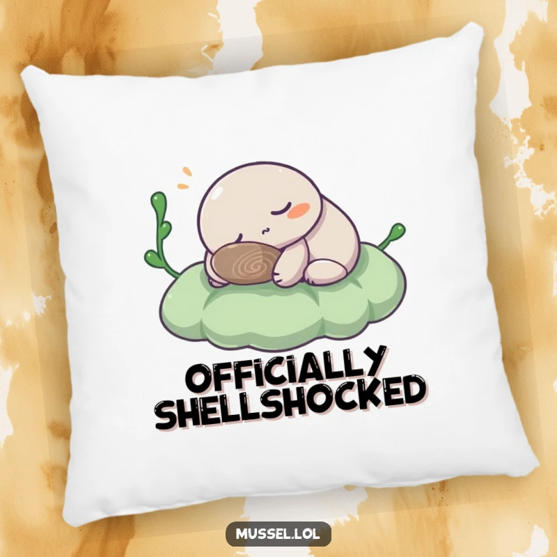 Funny Mussel Pillow: A plush pillow showcasing a comical mussel character peacefully napping on a bed of seaweed, perfect for relaxation.