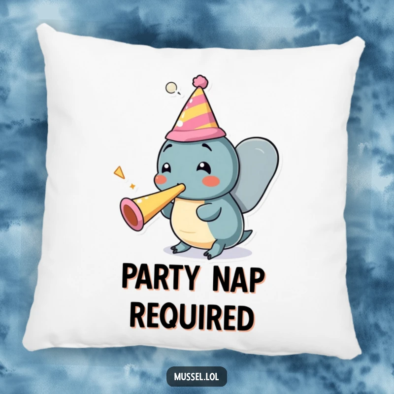 Funny Mussel Party Pillow: A joyful mussel character wearing a party hat blows a party horn, a soft and festive cushion.