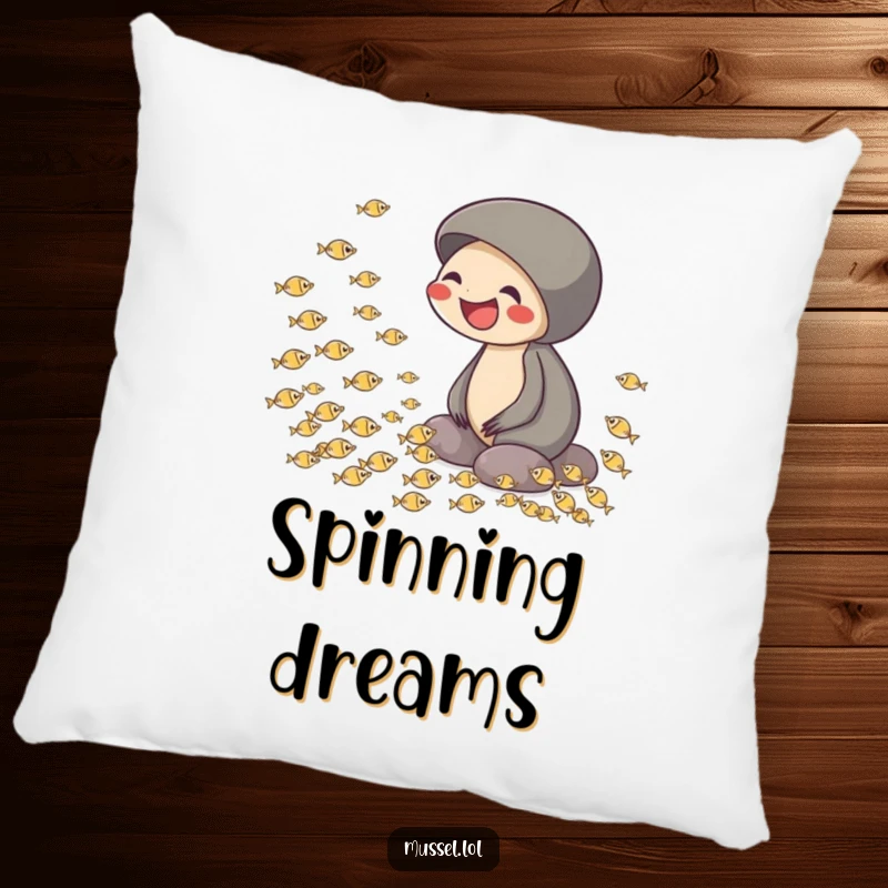 Funny pillow featuring a mussel laughing while observing tiny fish swimming in a circle, offering comfort and amusement.