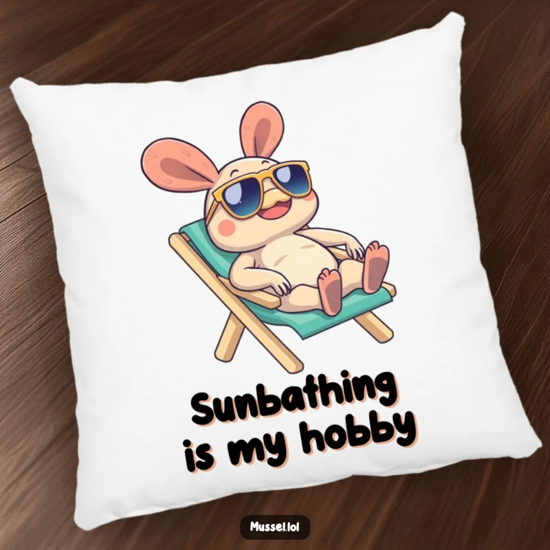 Funny Mussel Pillow showcasing a mussel character in sunglasses on a beach chair, adding quirky charm and relaxation, a delightful funny gift.