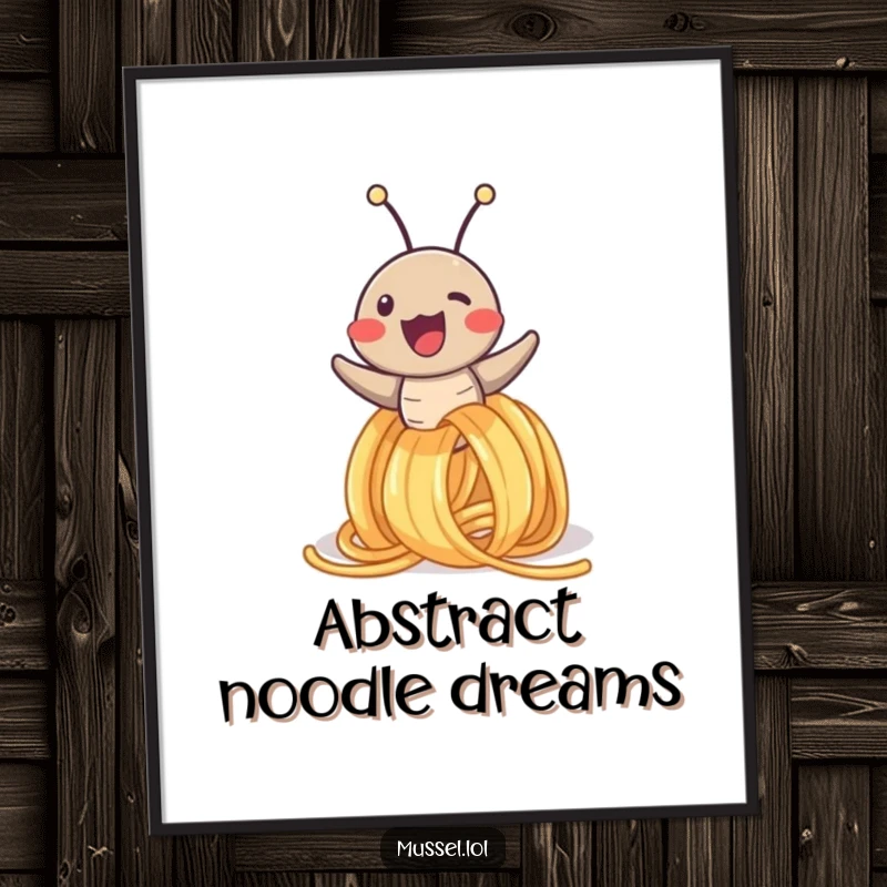 Funny digital art print of a gleeful mussel character joyfully sliding down a spaghetti noodle, a whimsical and cheerful piece for instant download.