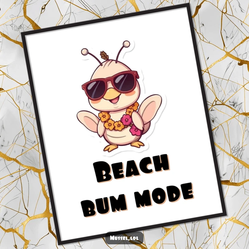 Funny Kawaii Mussel Digital Art: Printable art of a mussel character wearing sunglasses and a lei, looking hilariously relaxed and cool.
