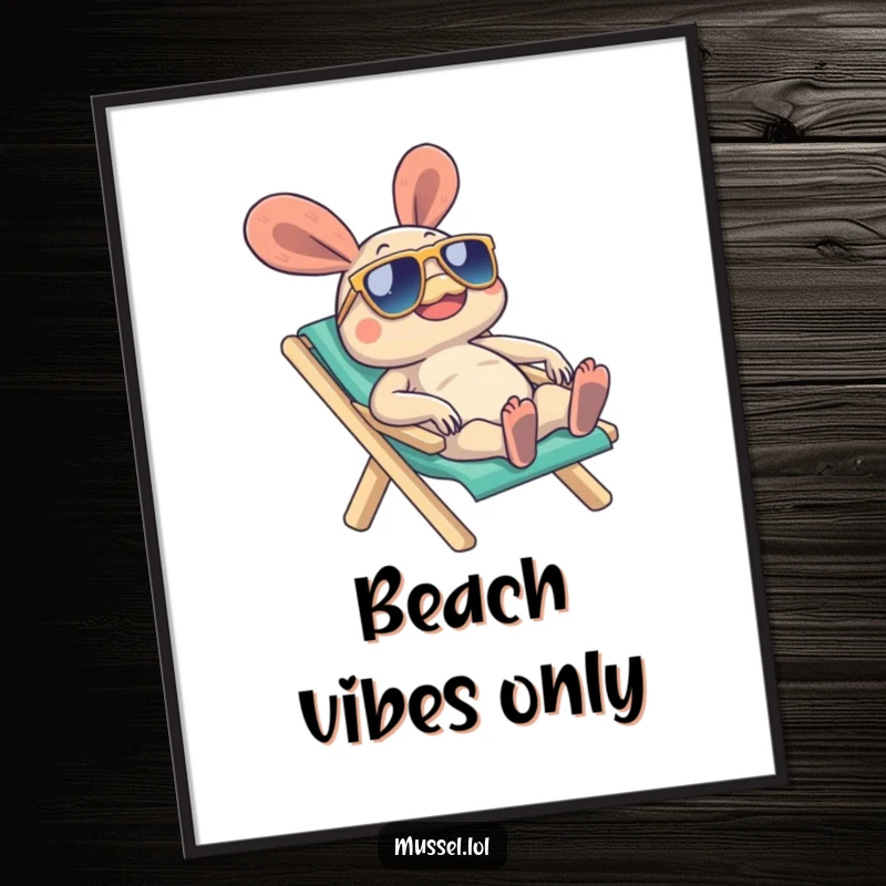 Funny Mussel Digital Art Print of a mussel character in sunglasses on a beach chair, bringing cool vacation vibes anywhere, a superb funny gift.